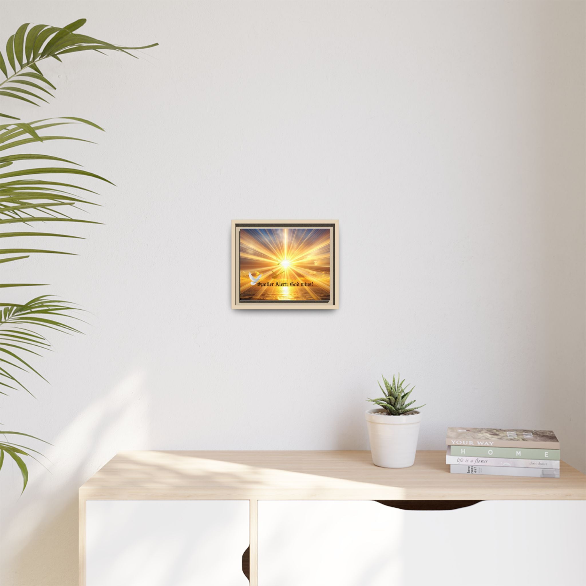 Small framed matte canvas wall art with sunrise rays, dove, and "Spoiler Alert: God wins!"