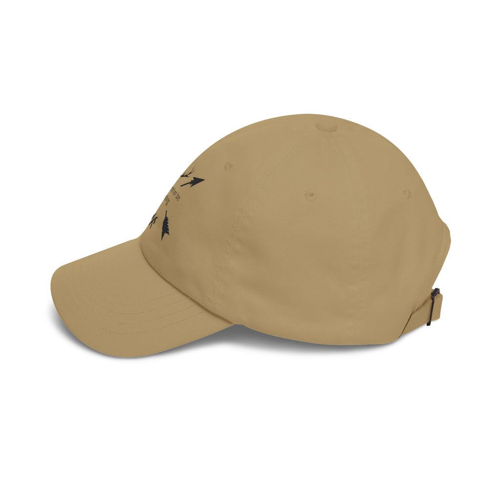 Tan dad cap with black arrow graphic on crown, side view