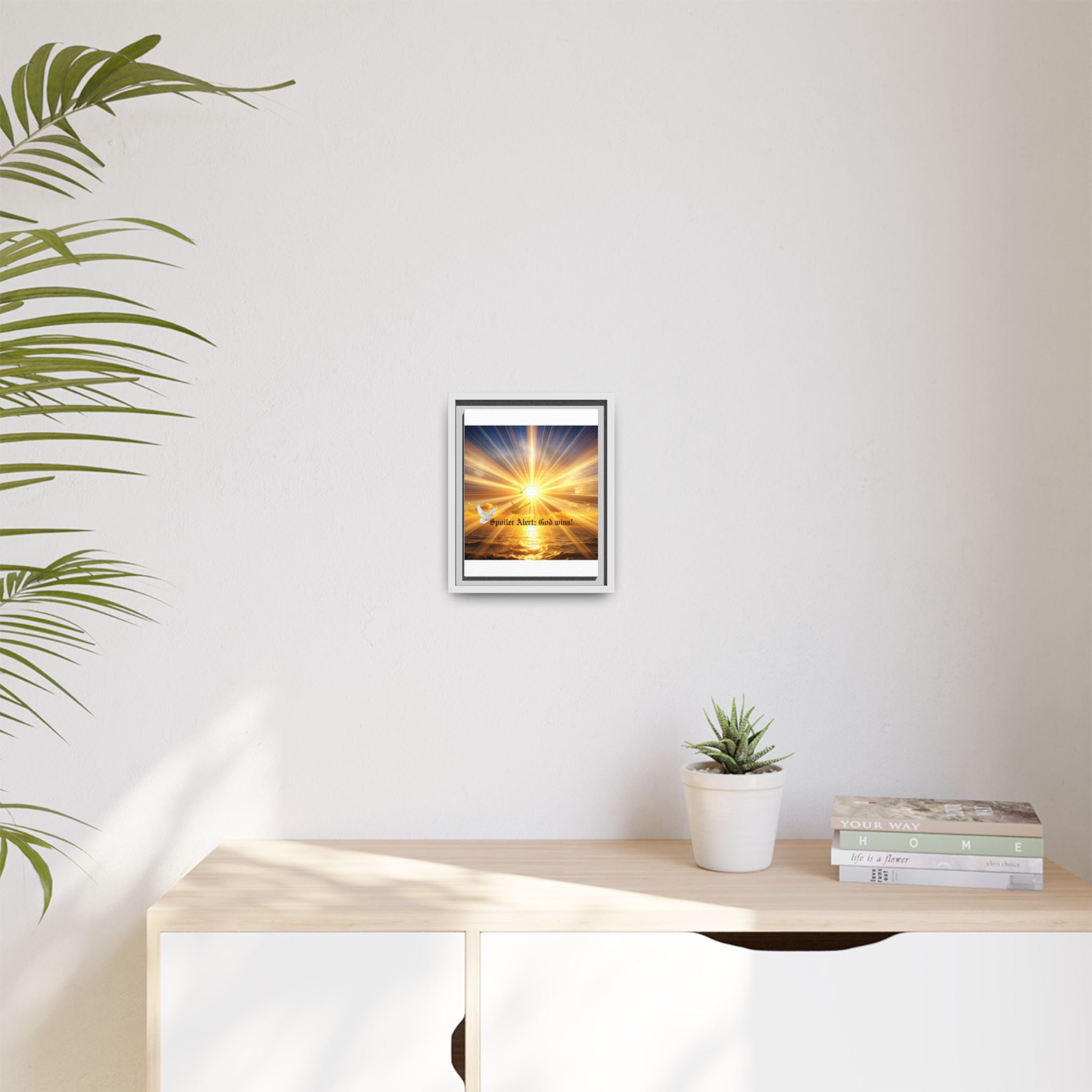 Small framed matte canvas wall art with sunrise rays, dove, and "Spoiler Alert: God wins!"