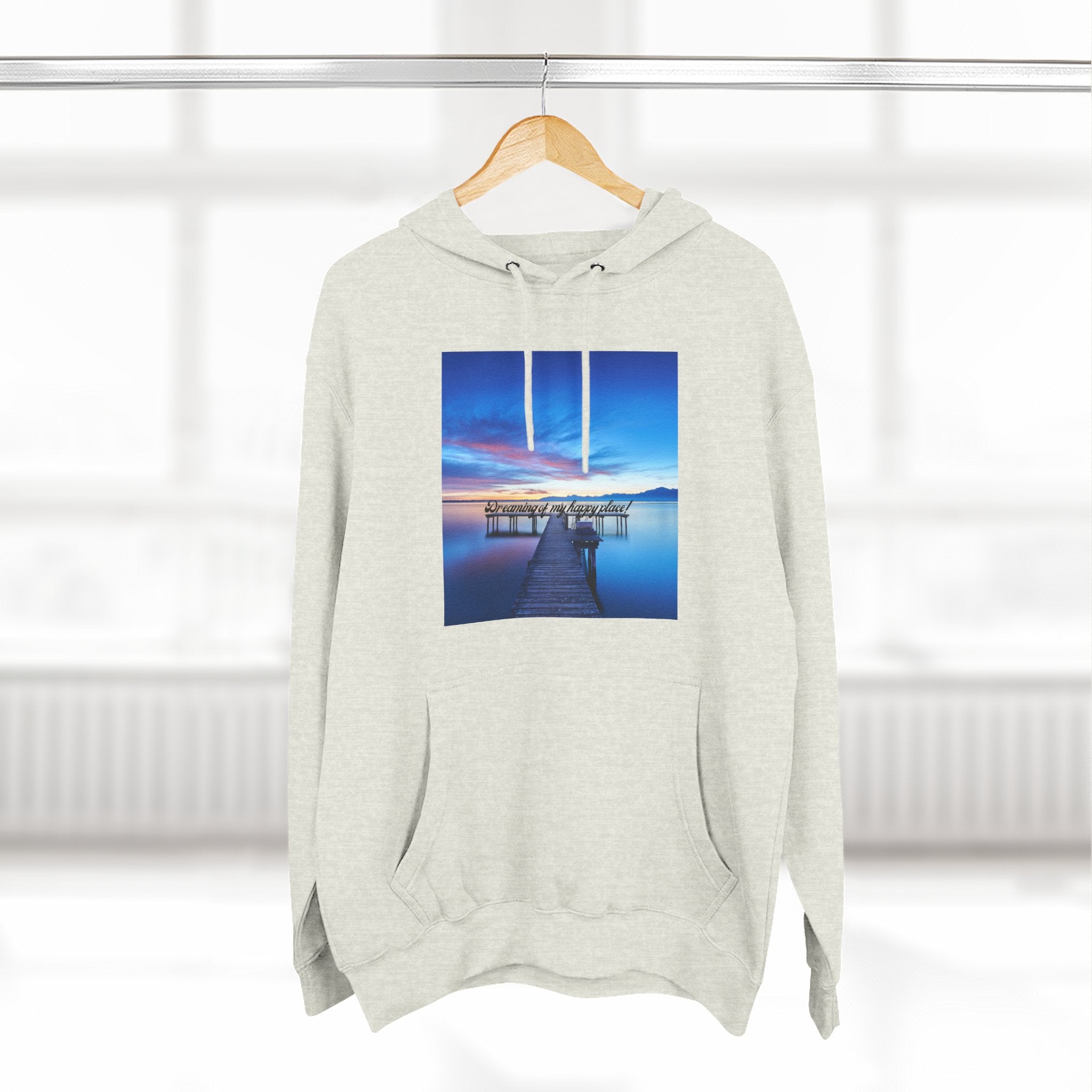 Oatmeal heather pullover hoodie with hood, drawstring, front pocket and centered lake print