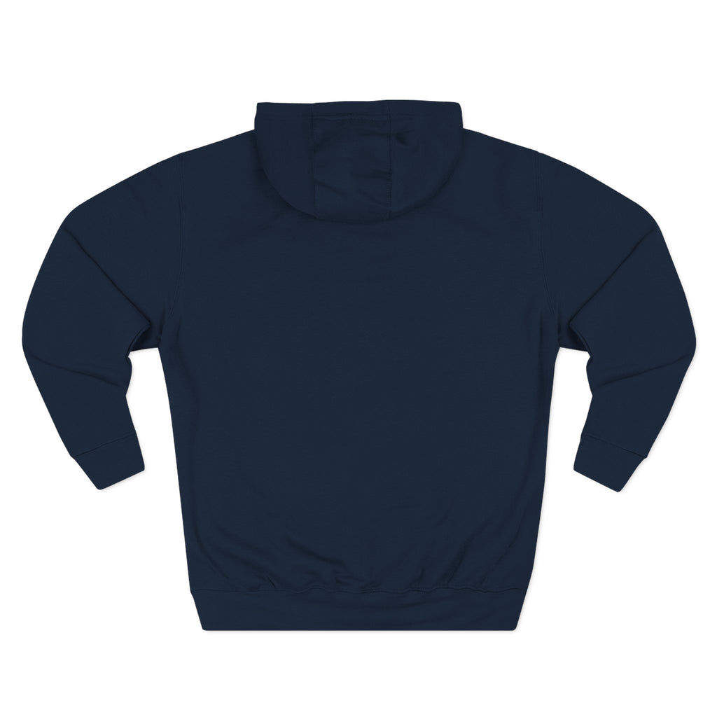 Navy pullover hoodie with hood and front pocket, plain back view