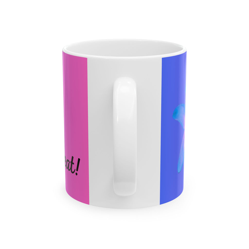 White ceramic mug with purple and blue side panels and glossy finish