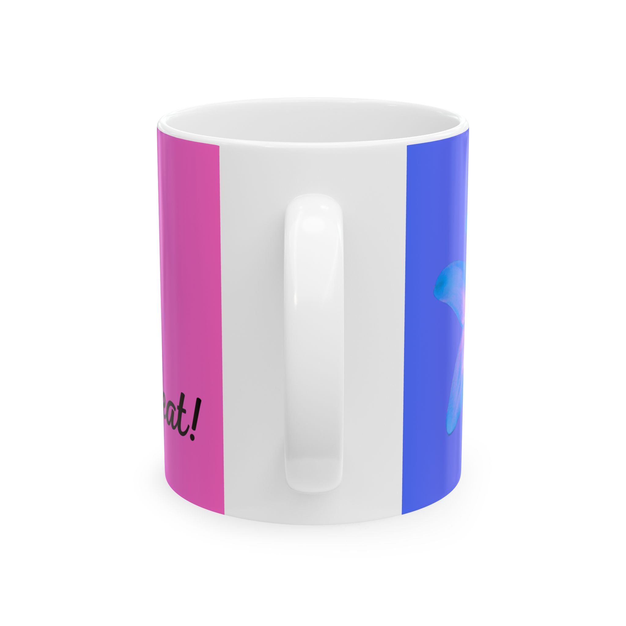 White ceramic mug with purple and blue side panels and glossy finish