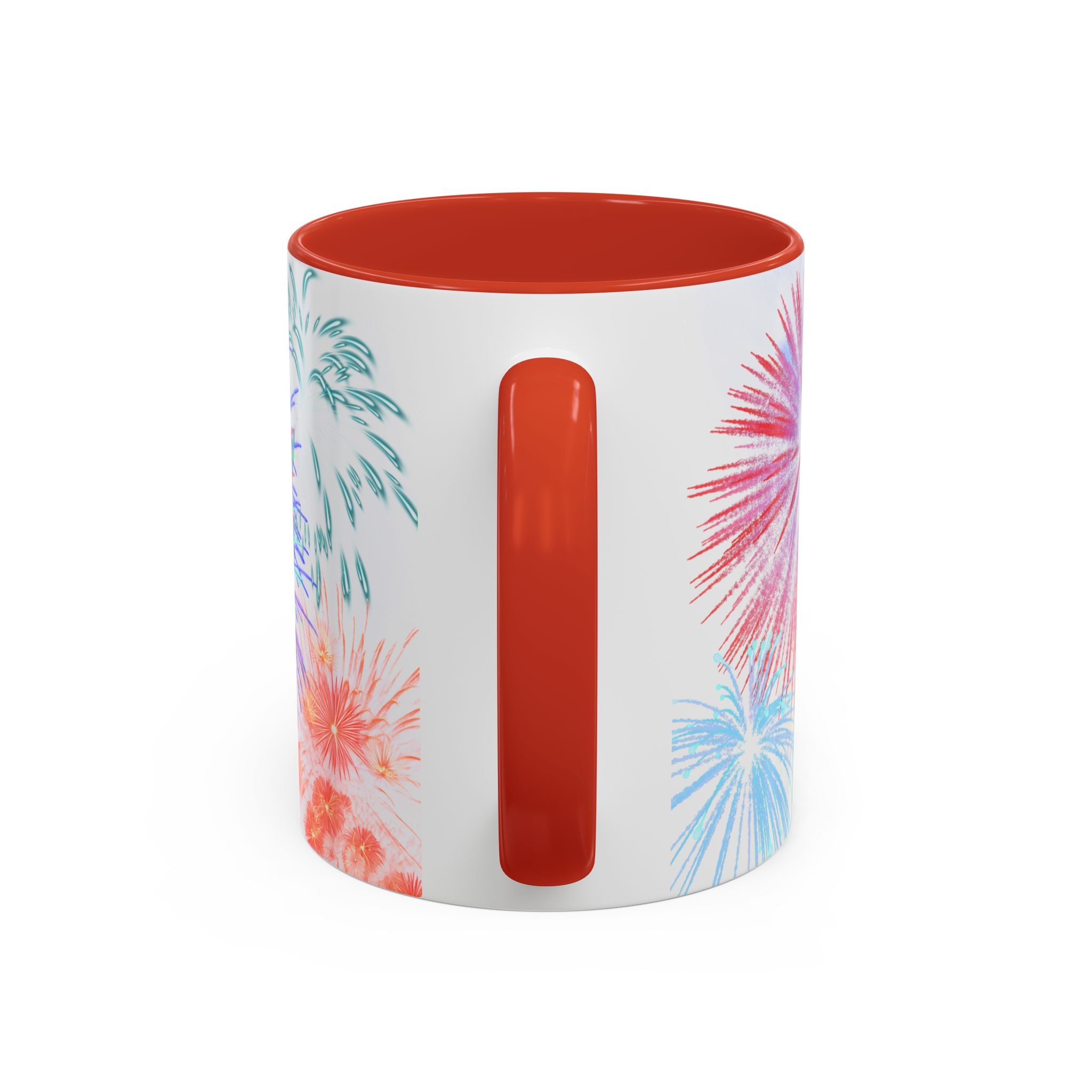 Ceramic coffee mug with red handle, fireworks print on white body, red interior