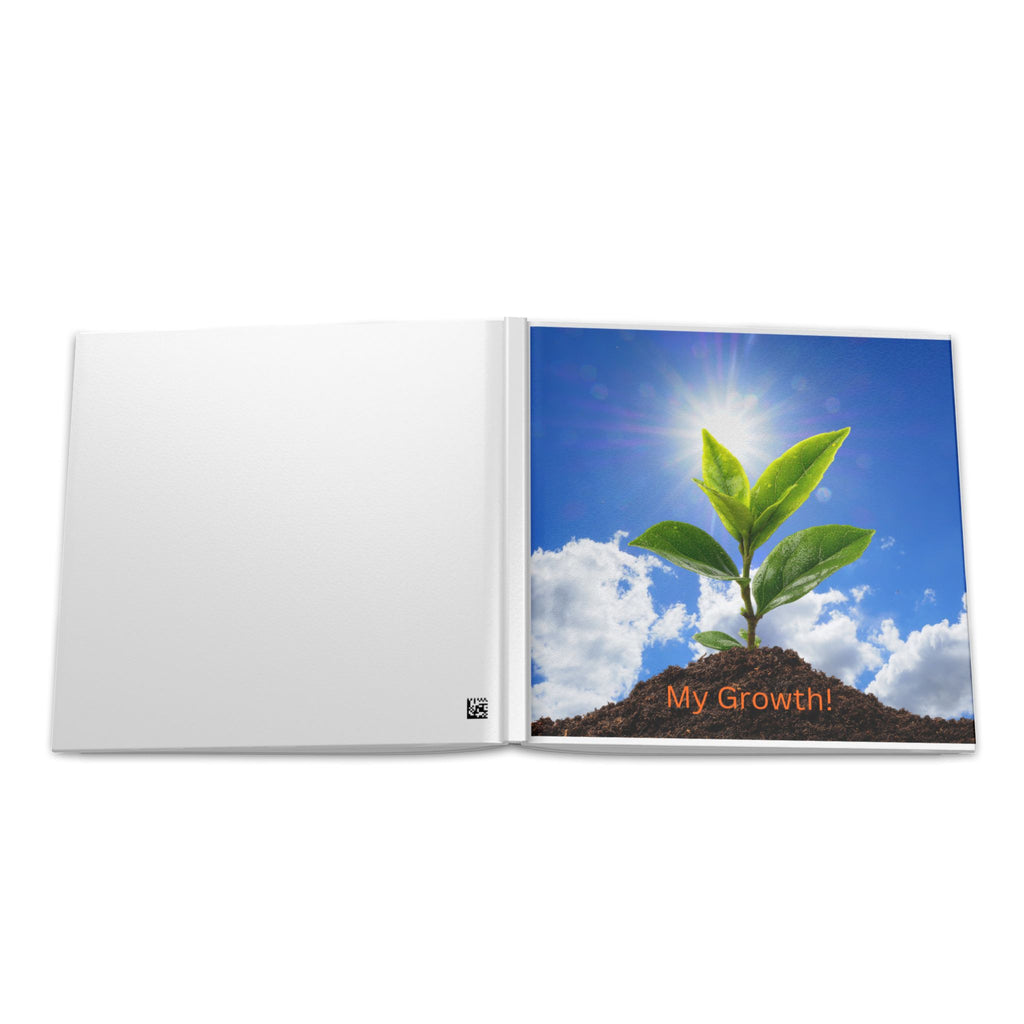 Hardcover photo book open; blank left page and sapling cover art on right with “My Growth!”