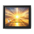 Framed matte canvas wall art with sunrise rays, dove, and "Spoiler Alert: God wins!"