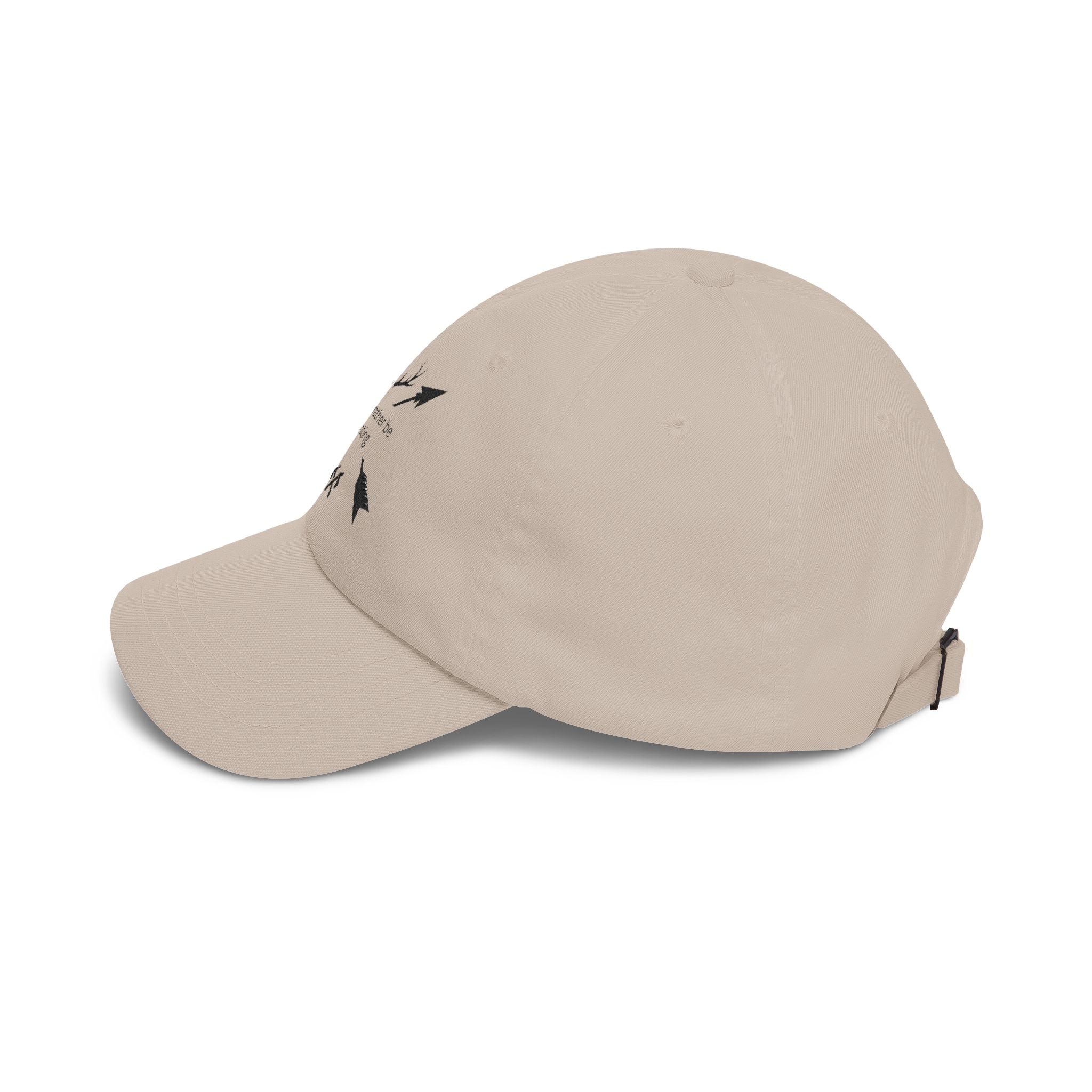 Khaki dad cap with black arrow graphic on crown, side view