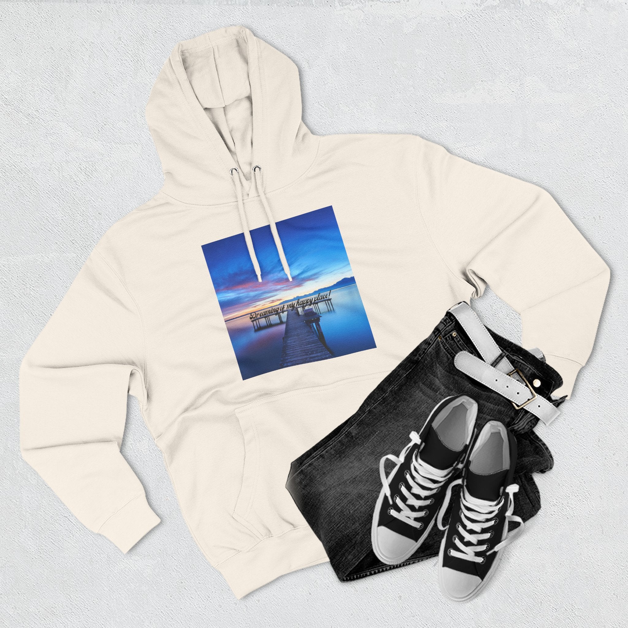 Light cream pullover hoodie with dock photo graphic on chest; drawstring hood and pocket.