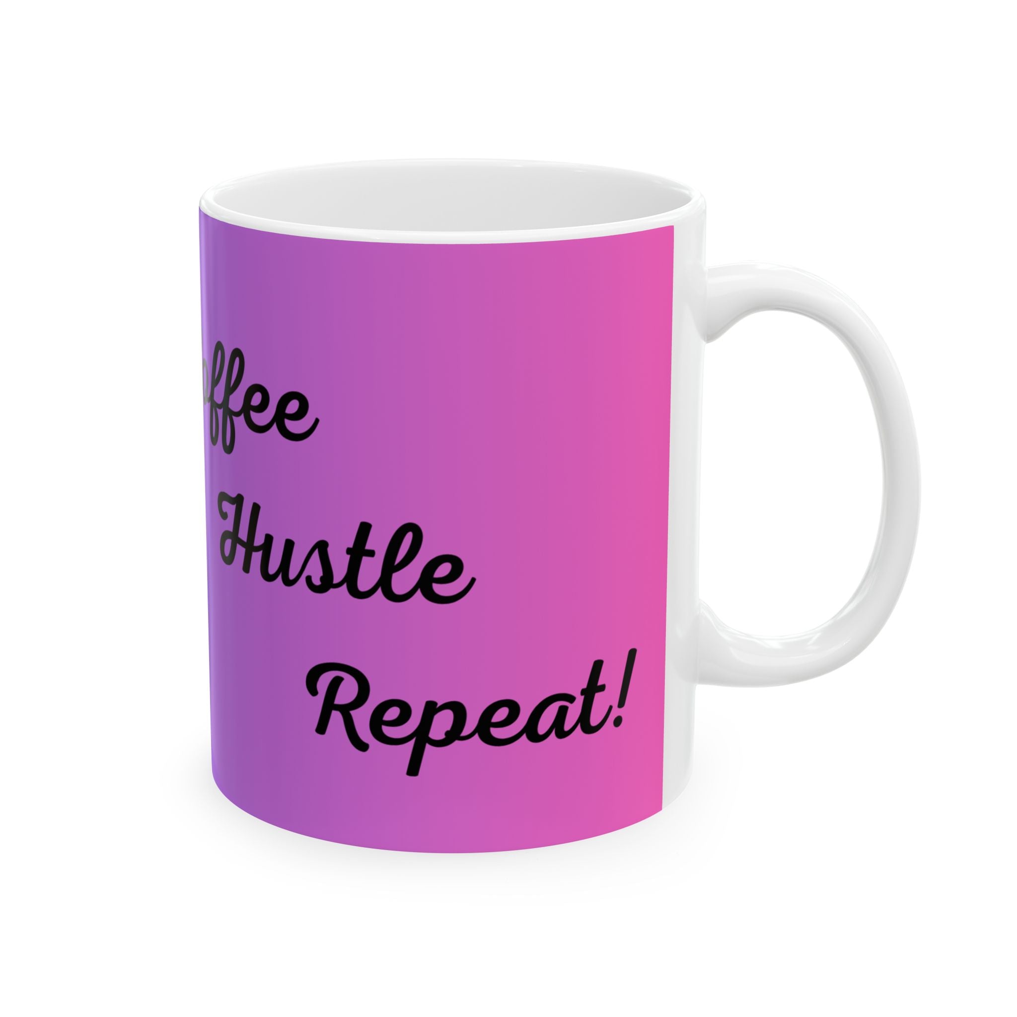 Purple gradient ceramic coffee mug with black Coffee Hustle Repeat text